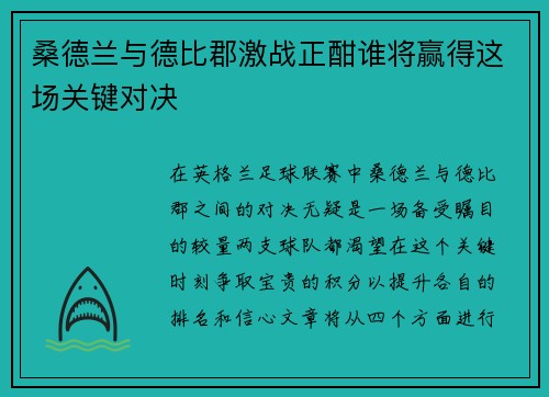 桑德兰与德比郡激战正酣谁将赢得这场关键对决